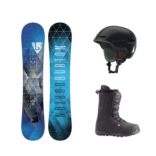 Uthyrningsset: blå snowboard, svart hjälm och svarta snowboardkängor