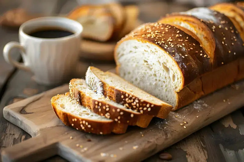 Skivor av nybakat bröd med sesam på bakbräda och kopp i bakgrunden