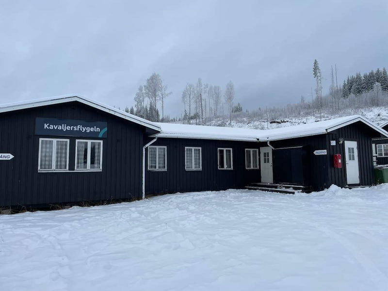 Stuga på området med mörkgrå träfasad, flera fönster och entré under tak