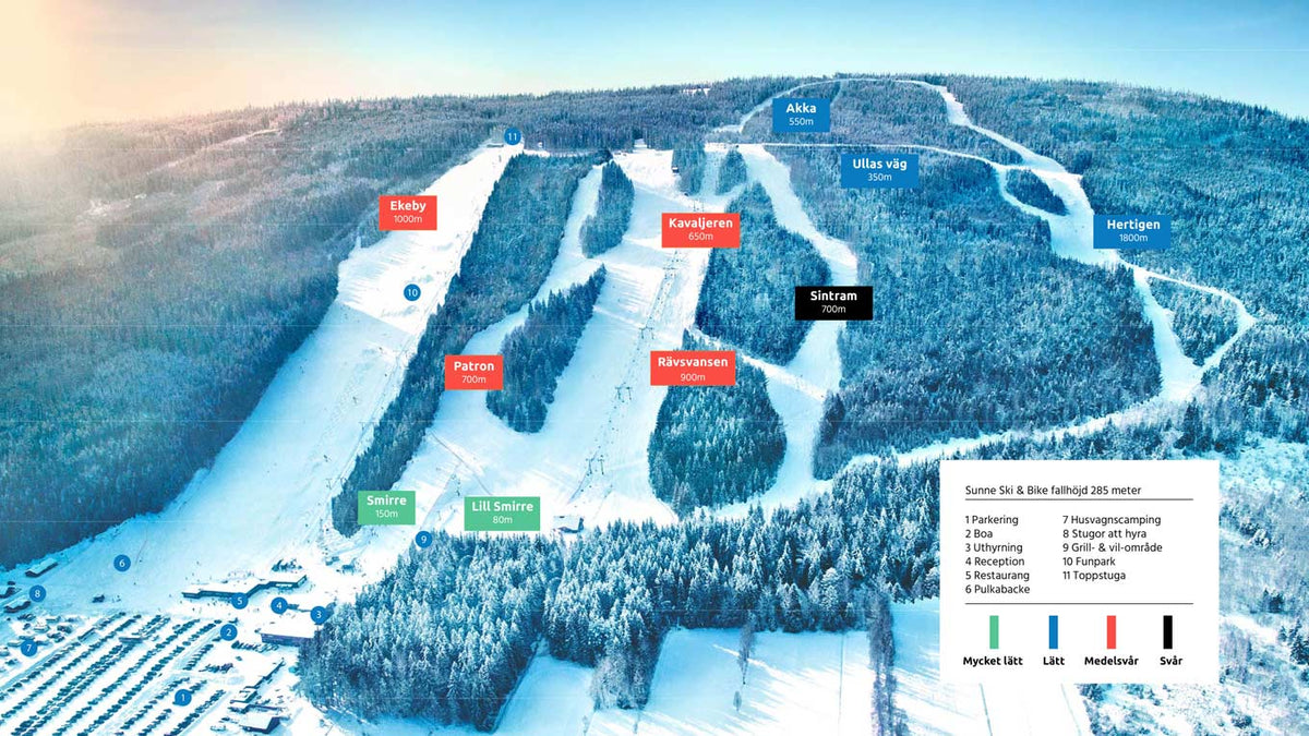 Pistkarta över backar och liftar på Sunne Ski & Bike